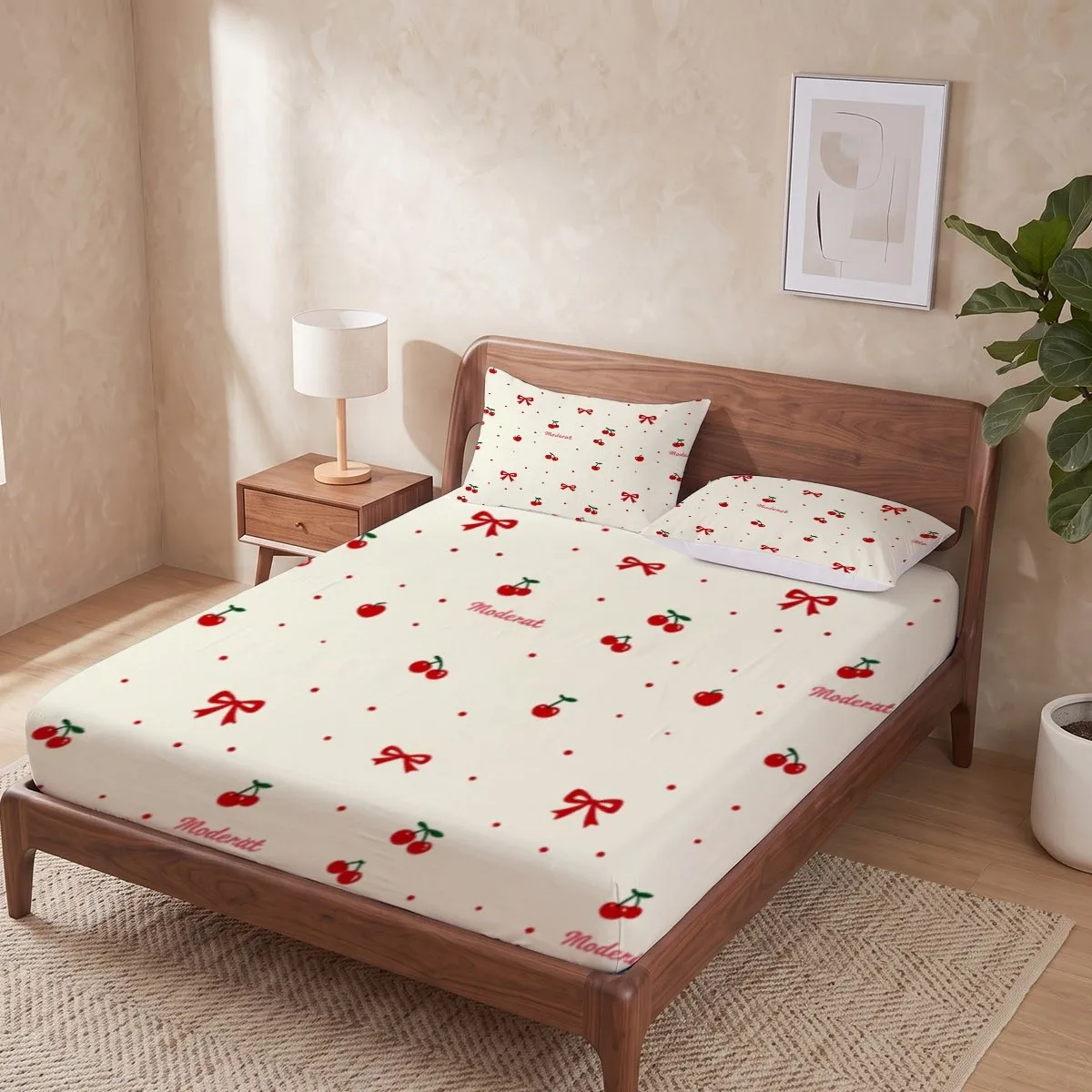 Cute and Fun Cherry Bow 2D Digital Print Three-Piece Fitted Sheet Set, Three-Piece Bedding Set (Includes 1 Fitted Sheet + 2 Pillowcases), 3-Piece Set, Large Deep Pocket 2D Printed Fitted Sheet and 2 Pillowcases, Fitted Sheet Style with Elastic Band, Protective Cover, Mattress Protector, Suitable for All Seasons, Machine Washable Design, Holiday Decoration, Various Sizes, Breathable Protective Cover with Pillowcase