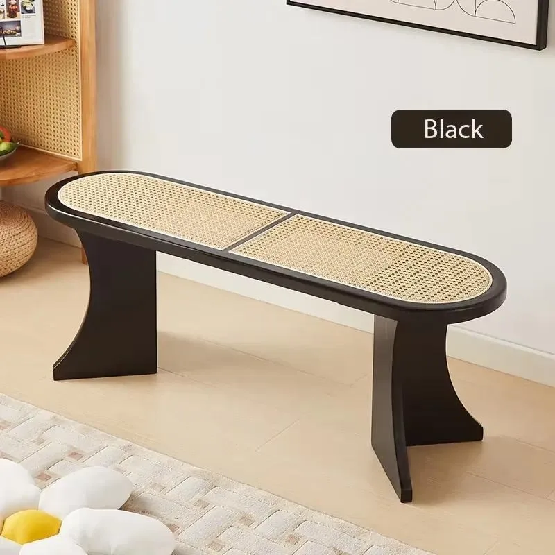 Rattan Solid Wood Bench Oval Bedside Stool Nordic Modern Simple Antique Home Shoe Changing Stool