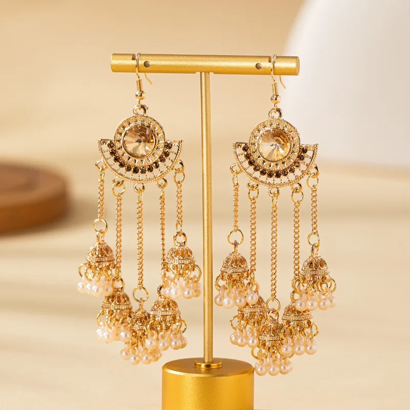 Luxury Cubic Zircon Indian Earings Sector Shaped Jhumka Jewelry Retro Women's Long Imitation Gemstone Bell Pearl Tassel Earrings