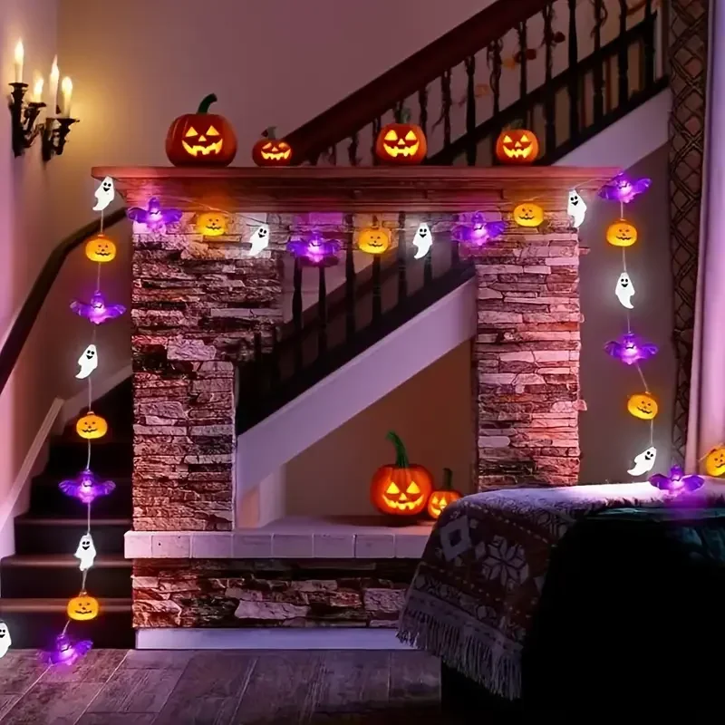 1PC 10/20/40LEDS Halloween String Lights  Battery Operated Pumpkin Bat Ghost Indoor Home Courtyard Halloween Decorative Lights