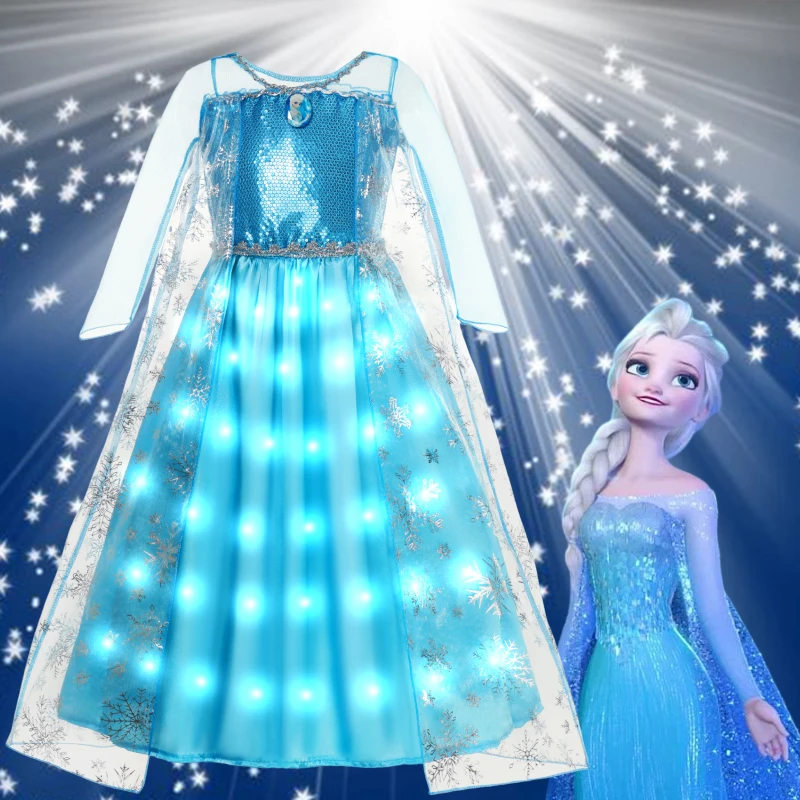 

LED Light Snow Queen Elsa Princess Dress for Girls Kids Cosplay Costumes 2024 Halloween Party Prom Gown Robe Play Clothes Dress