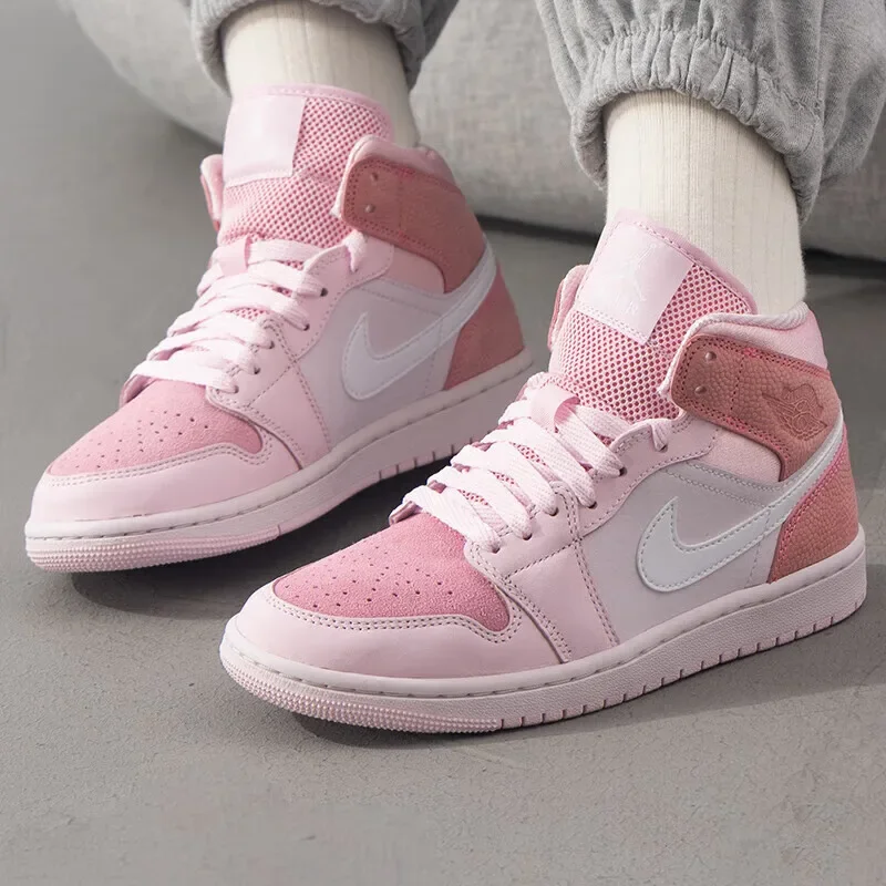 Nike Air Jordan 1 Modelos para hombre y mujer cómodos cien con la tendencia de zapatos de tabla media rosa