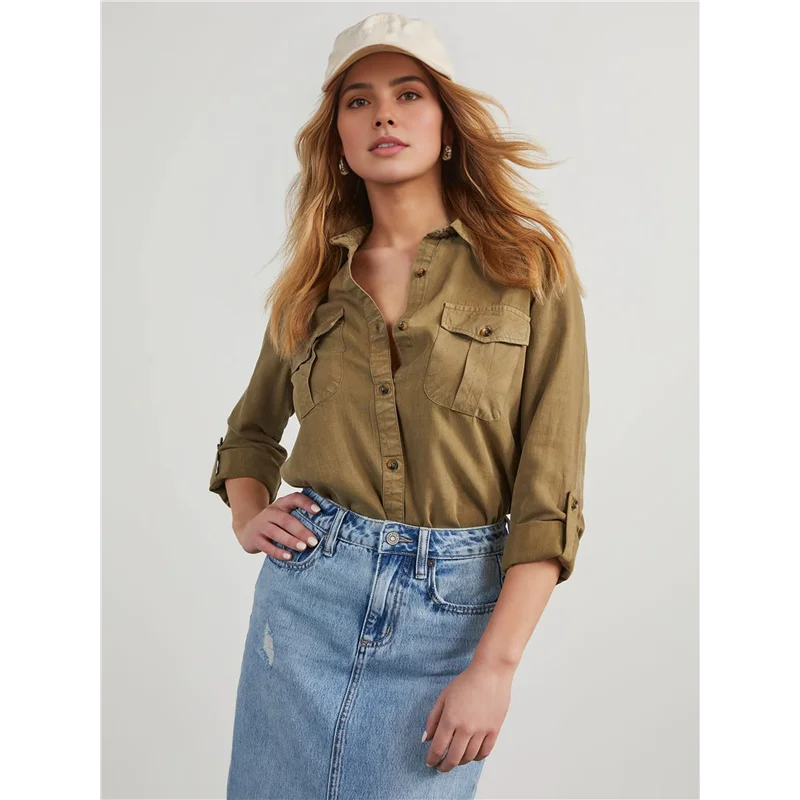 

AG-Women Double Pockets Spliced Decoration Denim Shirt Jacket Single-Breasted Lapel Casual Female Tops