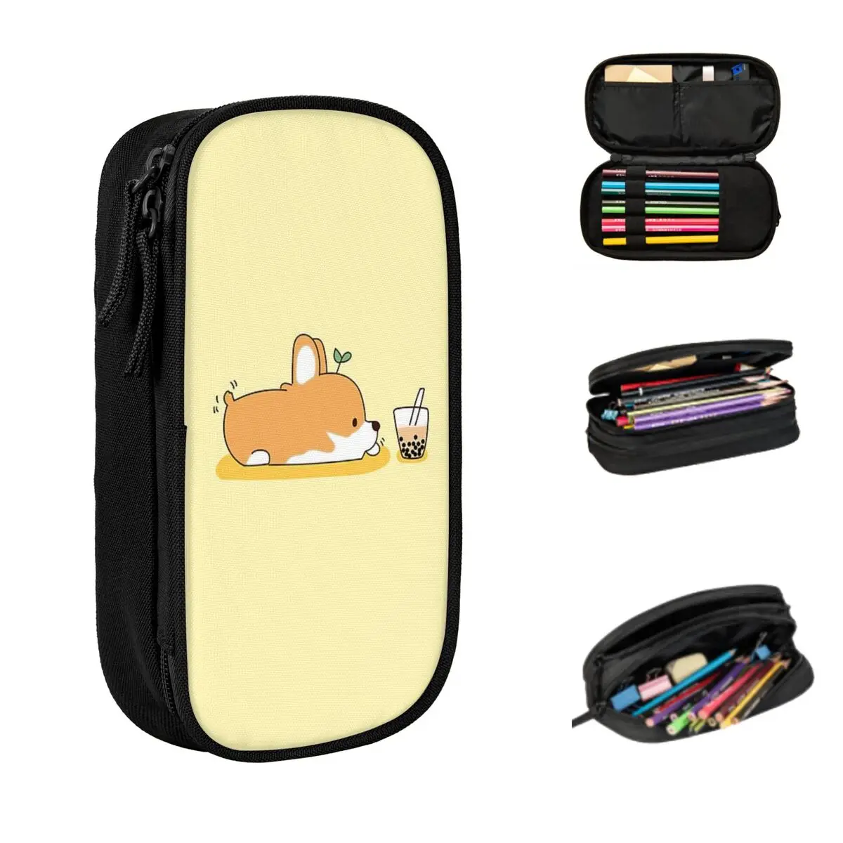 Corgi And Bubble Tea Pencil Cases Large Storage Pen Bags Pen Box Pencil Pouch For Boys Girls Students Stationery School Office