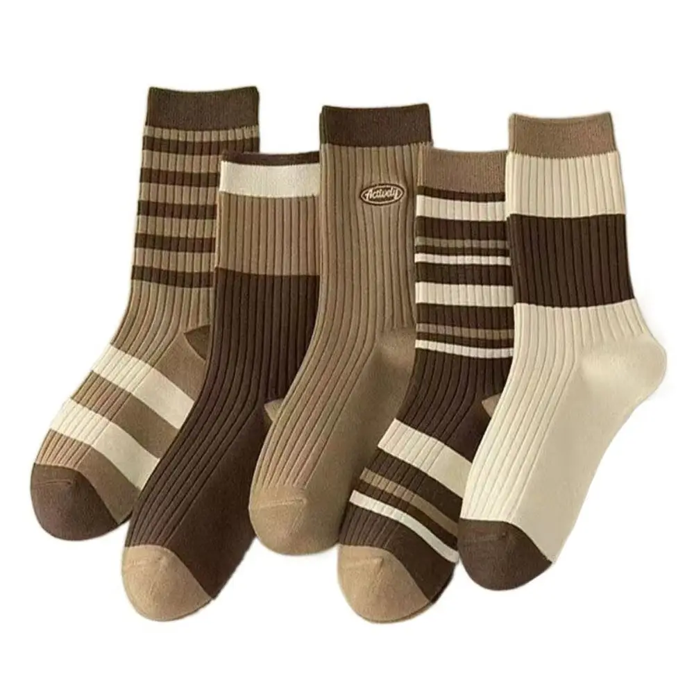 5Pairs College Style Retro Women's Cotton Socks Breathable Thin Stripe Tube Socks Soft Hosiery Mid-calf Socks Keeping Warm