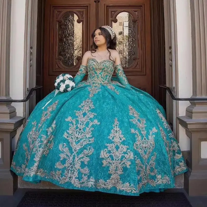 Green Shiny Quinceanera Dresses Ball Gown Gold Applique Lace Beading Tull Party Birthday Sweet 16 Dress Vestidos De XV 15 Anos