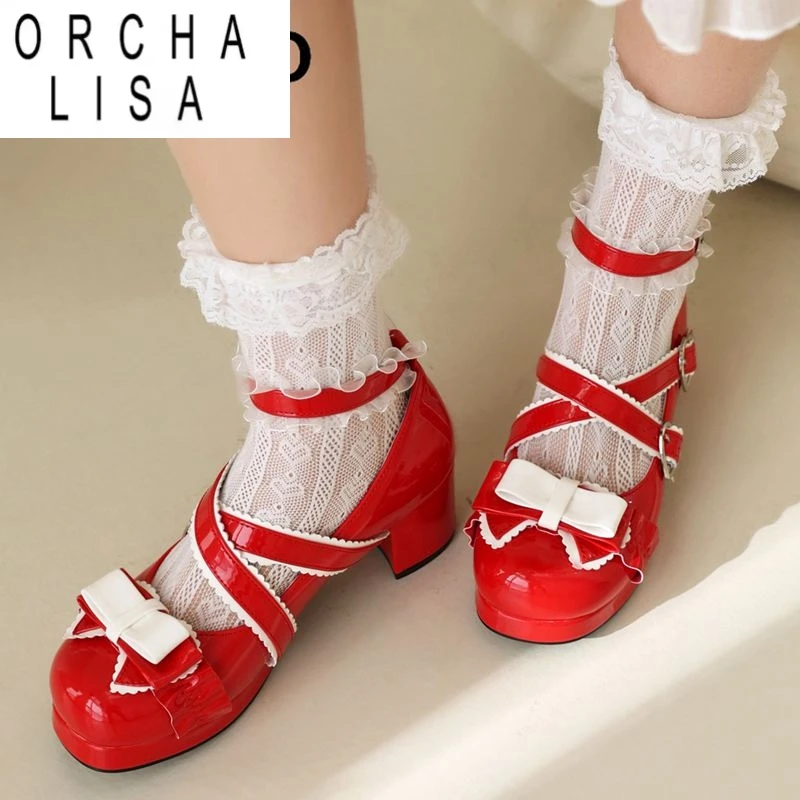 

ORCHA LISA Милые туфли-лодочки в стиле Лолиты для девочек, повседневная женская обувь для снятия стресса, весенний блочный каблук, бант, пряжка на щиколотке, ремешок, большой размер, красный B