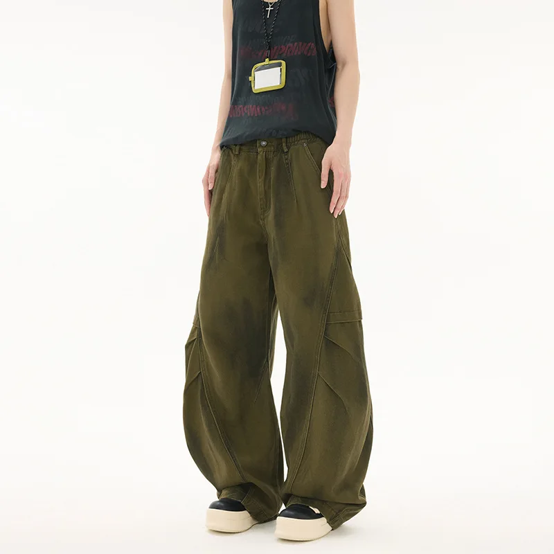 بنطال جينز مدبب فضفاض من Streetwear للرجال، جينز رجالي من قماش الدنيم الأمريكي الكلاسيكي، بنطال Y2k واسع الساق