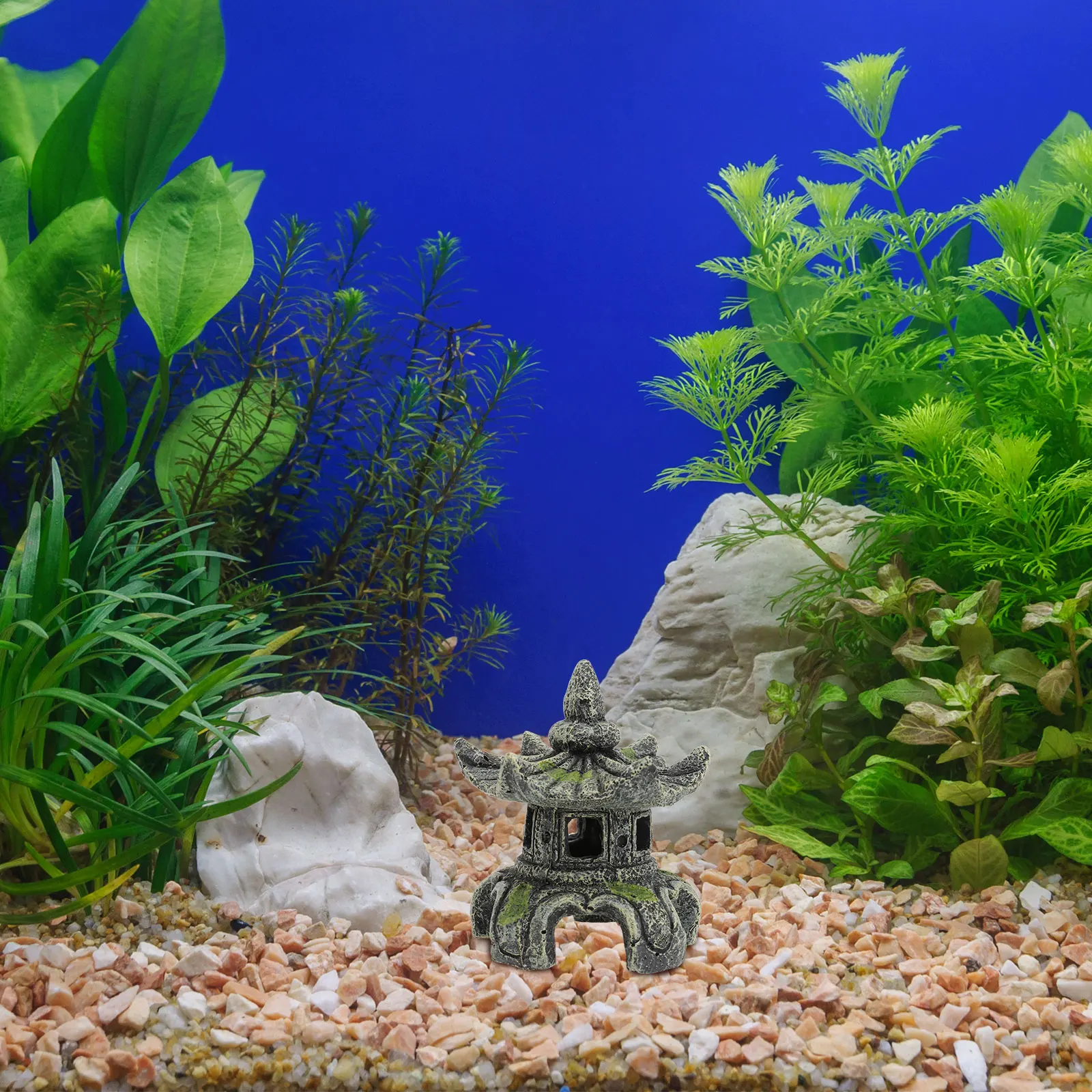 

1Pcs Chinese Resin Pavilion Aquarium Ornament Fish Tank Landscaping Decor Simulated Hexagonal Lantern Shrimp Hiding Cave Aquatic