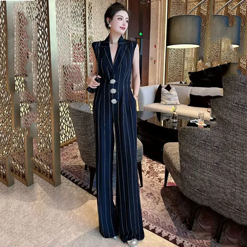 

Women's Navy Pinstripe Sleeveless Jumpsuit Blazer Style V Neck High Waist Wide Leg Pantsuit Set for Office Work Formal Party Y2K