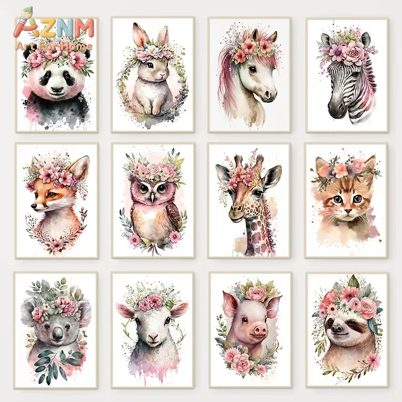1PC Cute Animals with Flowers Poster Lamb Owl Panda Rabbit Canvas Painting Wall Art for Home Decor