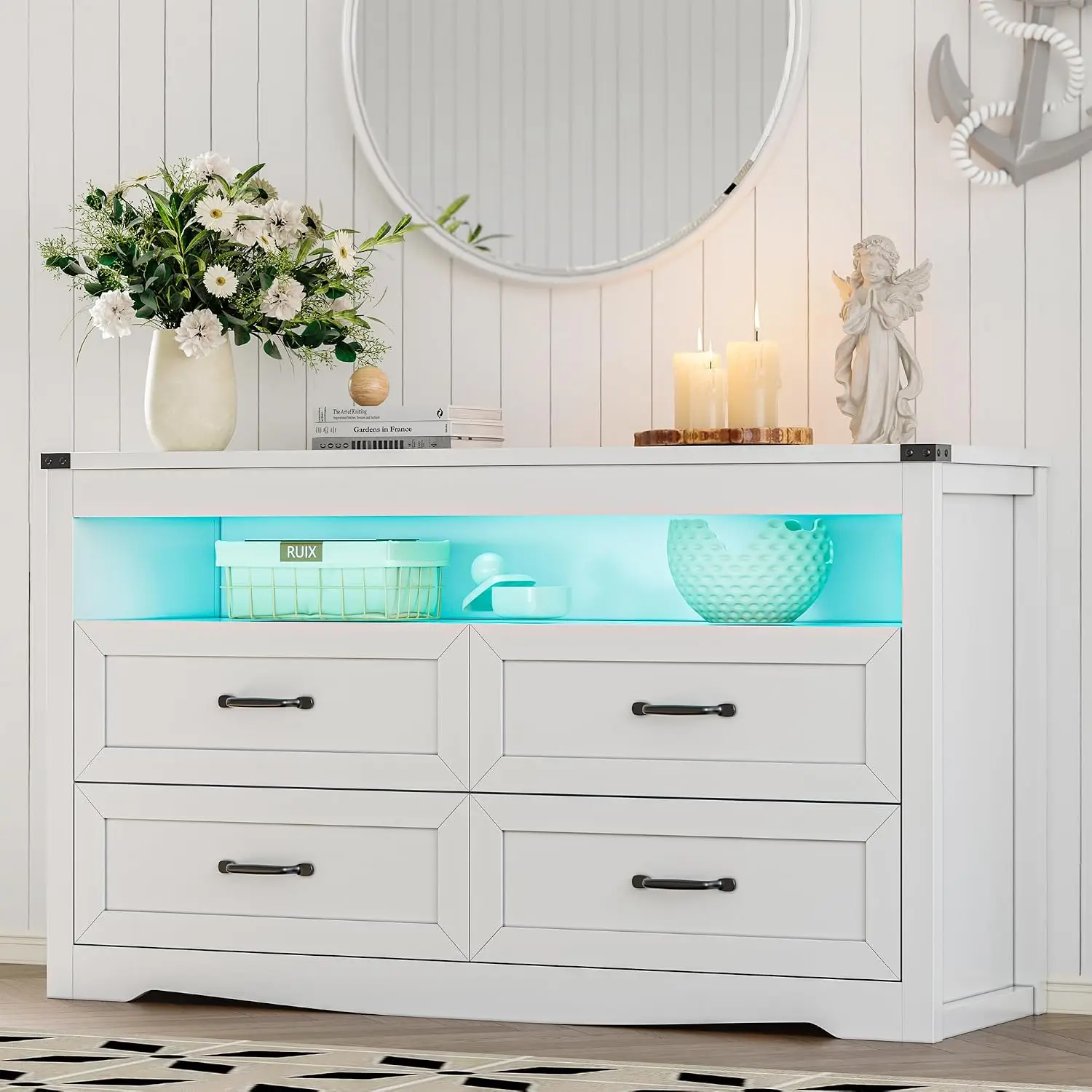 Dresser for Bedroom with 4 Drawers, Farmhouse Chest of Drawers with Natural Texture and LED Lights, Wide Wood Rustic Closet Stor