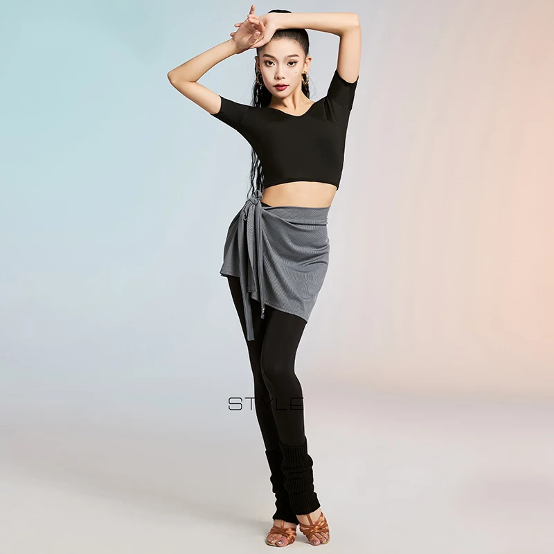 Neue Frauen Latin Dance Kleidung Für Ausbildung Kurzarm Schwarz Top Praxis Hosen Grau Hüfte Handtuch Weibliche Latin Dancewear AMY3157