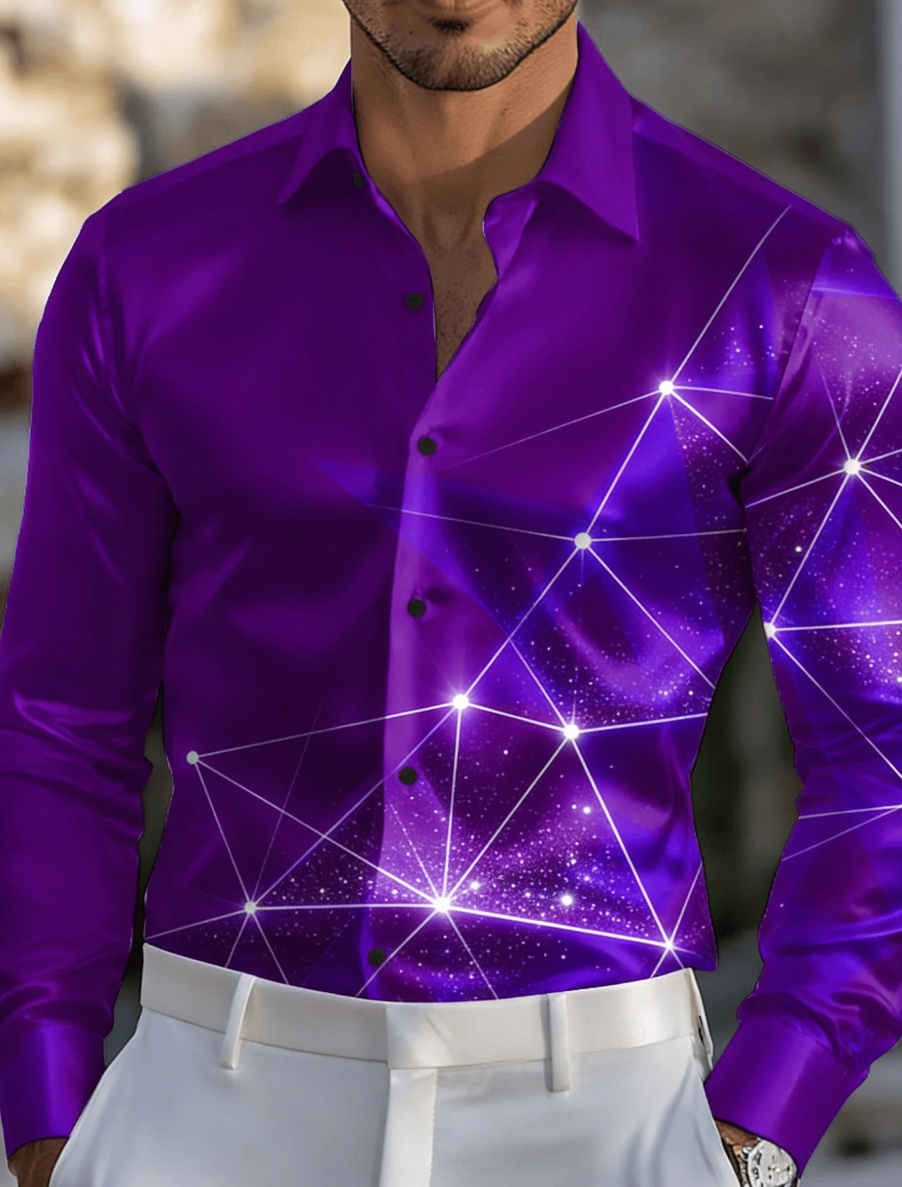 

Men's Geometric Line Dot Print Long Sleeve Shirt Spring Summer Turn-Down Collar Casual Blouse