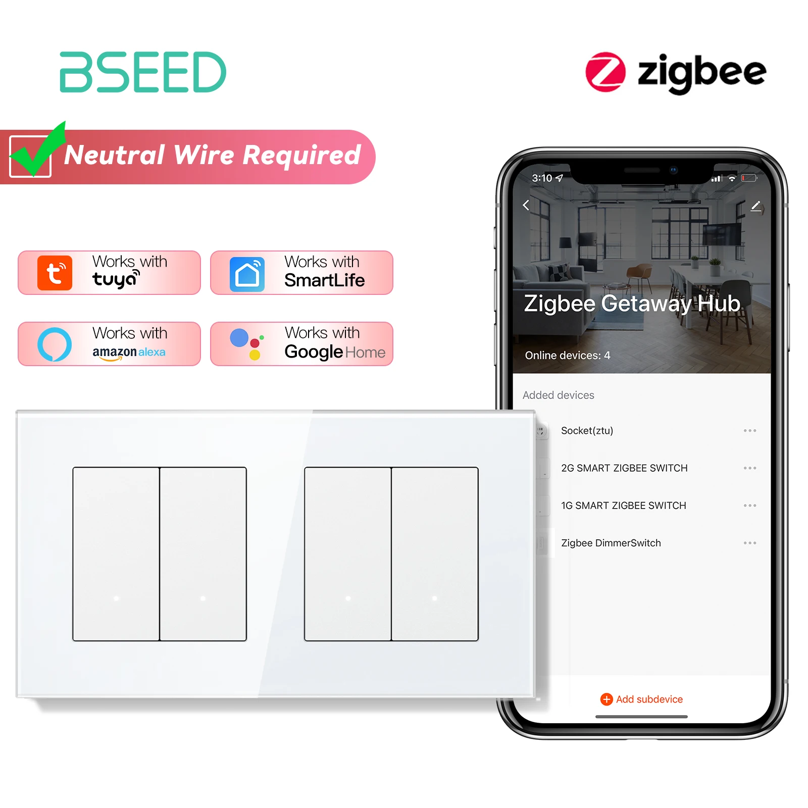 BSEED Zigbee 1/2/3Gang Tuya Lichtschalter Smart Click Buttons Smart Life Alexa App Plus EU-Buchsen USB-C-Anschlüsse ohne Zigbee 4