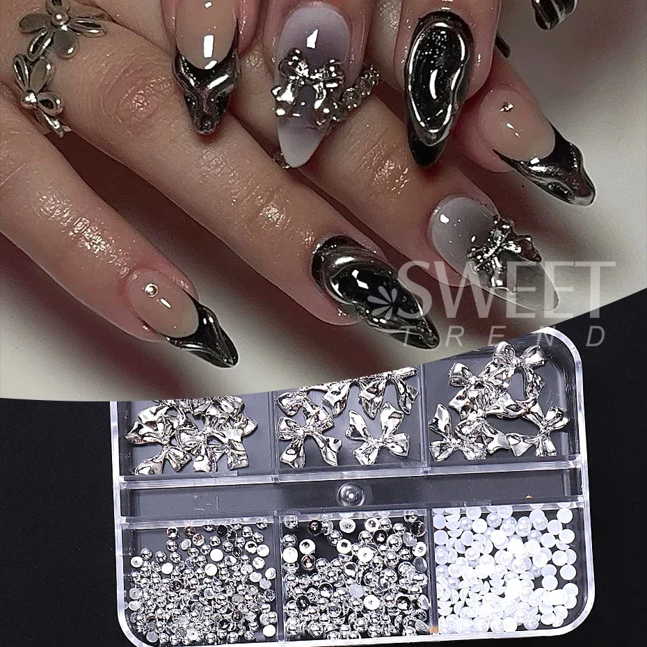 Nail Art Decoration for Manucure, 6 Grids, Y2K Mirror Bow, Metallic Silver Ruban, Bowvétérans t Pearl, Semi-comprendre, Flatback Beads, Jewelry Parts