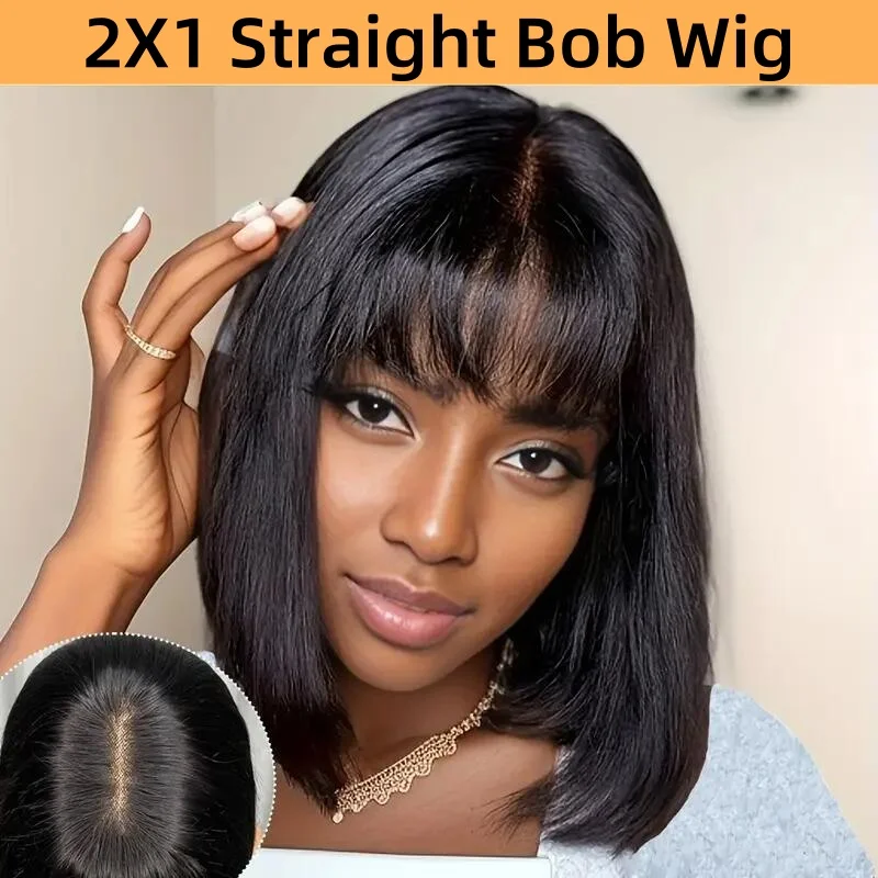 

2X1 Straight Bob Lace Closure Wigs with Bangs For Women Brazilian Hair Short Straight Wig With Realistic Scalp On Top 8-14 Inch