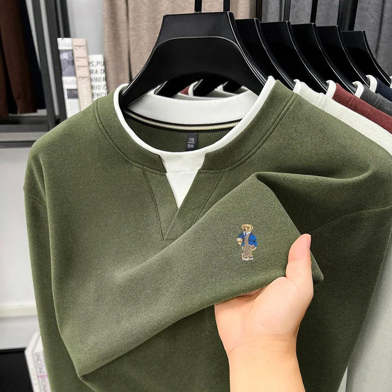 High-End Men‘s New Long-Sleeved T-Shirt Round Neck Color Blocking False Two-Piece Embroidery T-Shirt Fashion Trend Men'sClothing