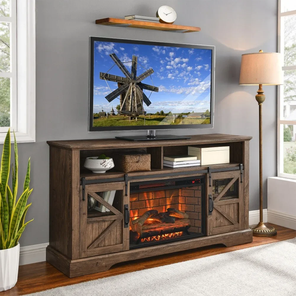 60 Inch Electric Fireplace  Entertainment Center With Door Sensor-Reclaimed Barnwood Color