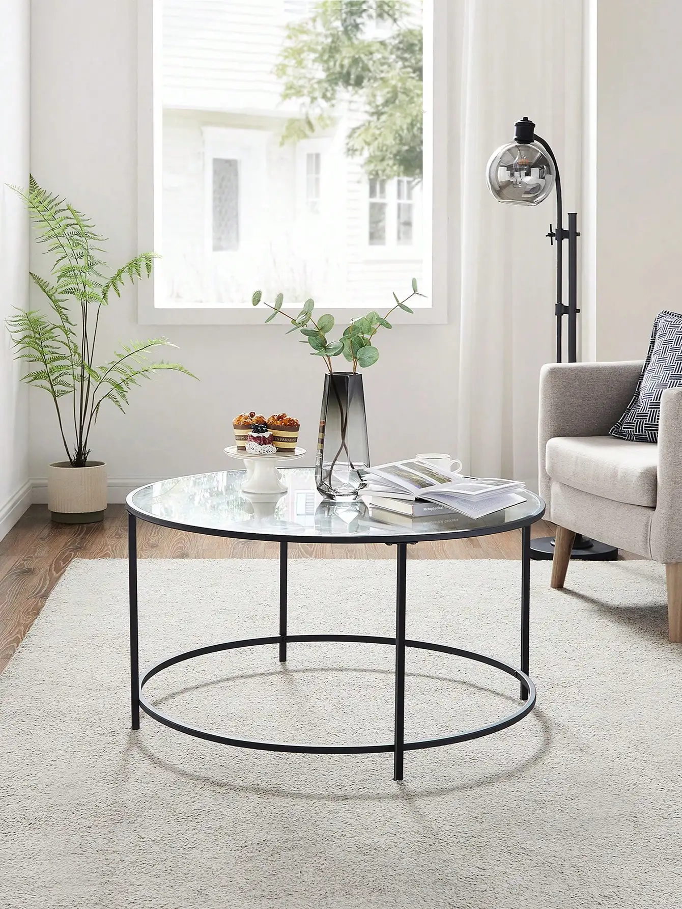 VASAGLE Glass Coffee Table with AER Frame. Stylish Living Room Furniture. Round Table in Black.