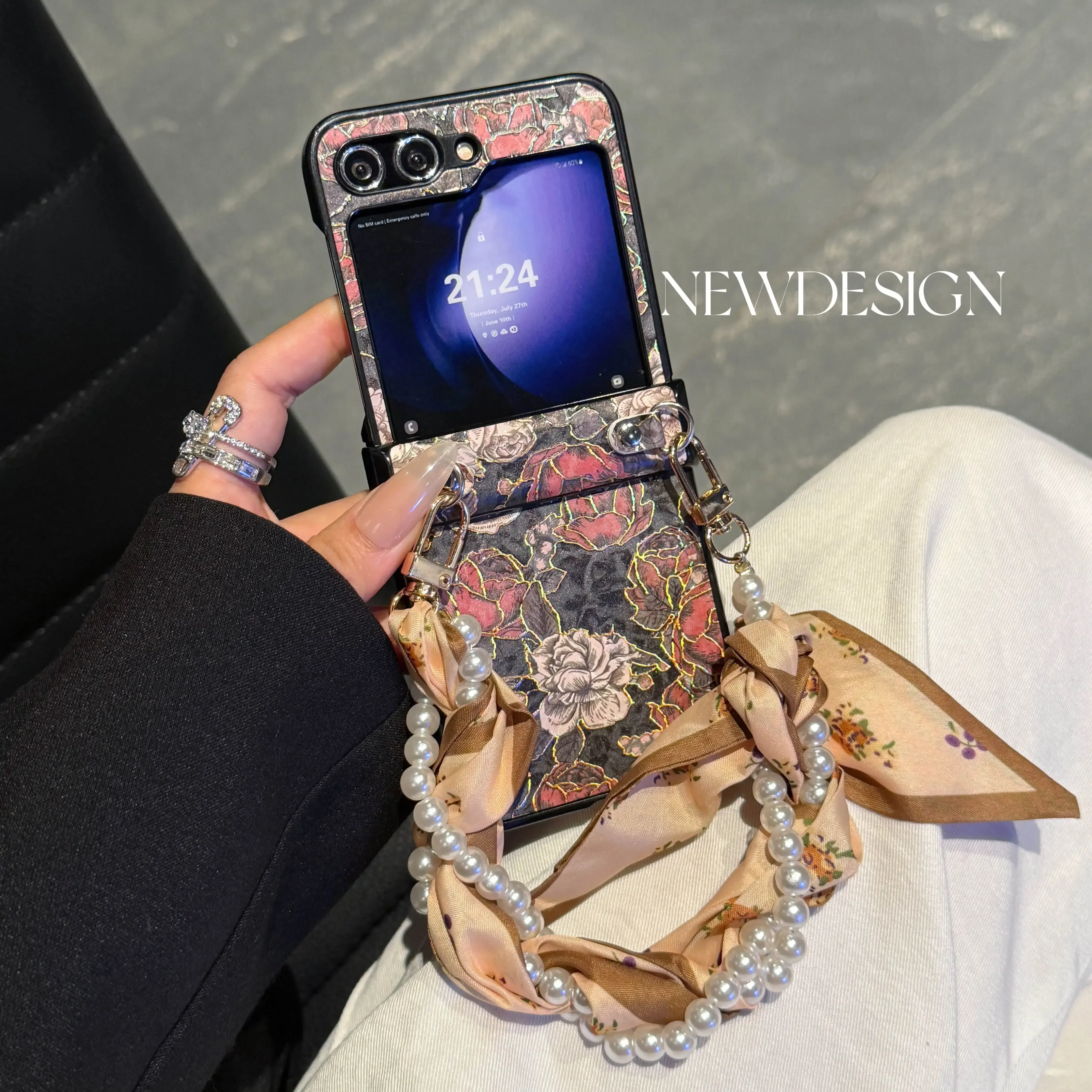 Brązująca skórzana osłona PU i perłowy szalik na nadgarstek Bransoletka z łańcuszkiem do telefonu Samsung Galaxy Z Flip 6 5 4 3