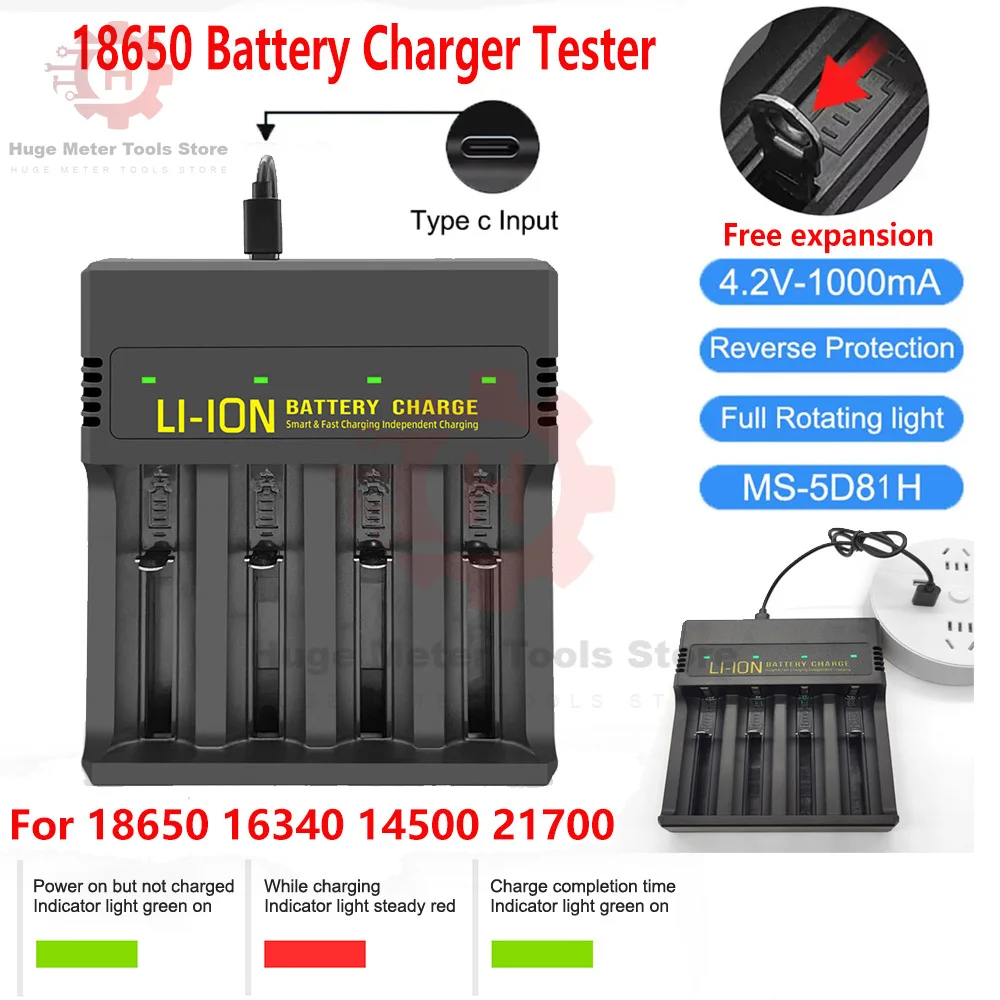 18650 Battery Charger Tester 2 4 Slots USB Type-C Lithium Battery Charger Adapter 4.2V Rechargeable Battery Capacity Indicator