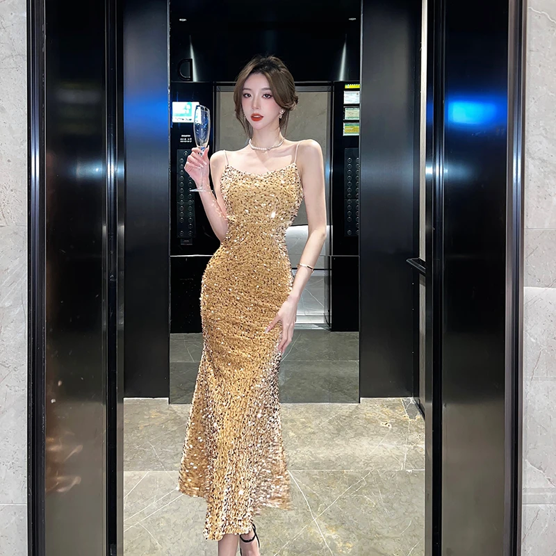 

Sexy Sequins Midi Dresses for Women 2023 French Style Velvet Sleeveless Backless Slim Female Clothes Elegant Party Evening Dress