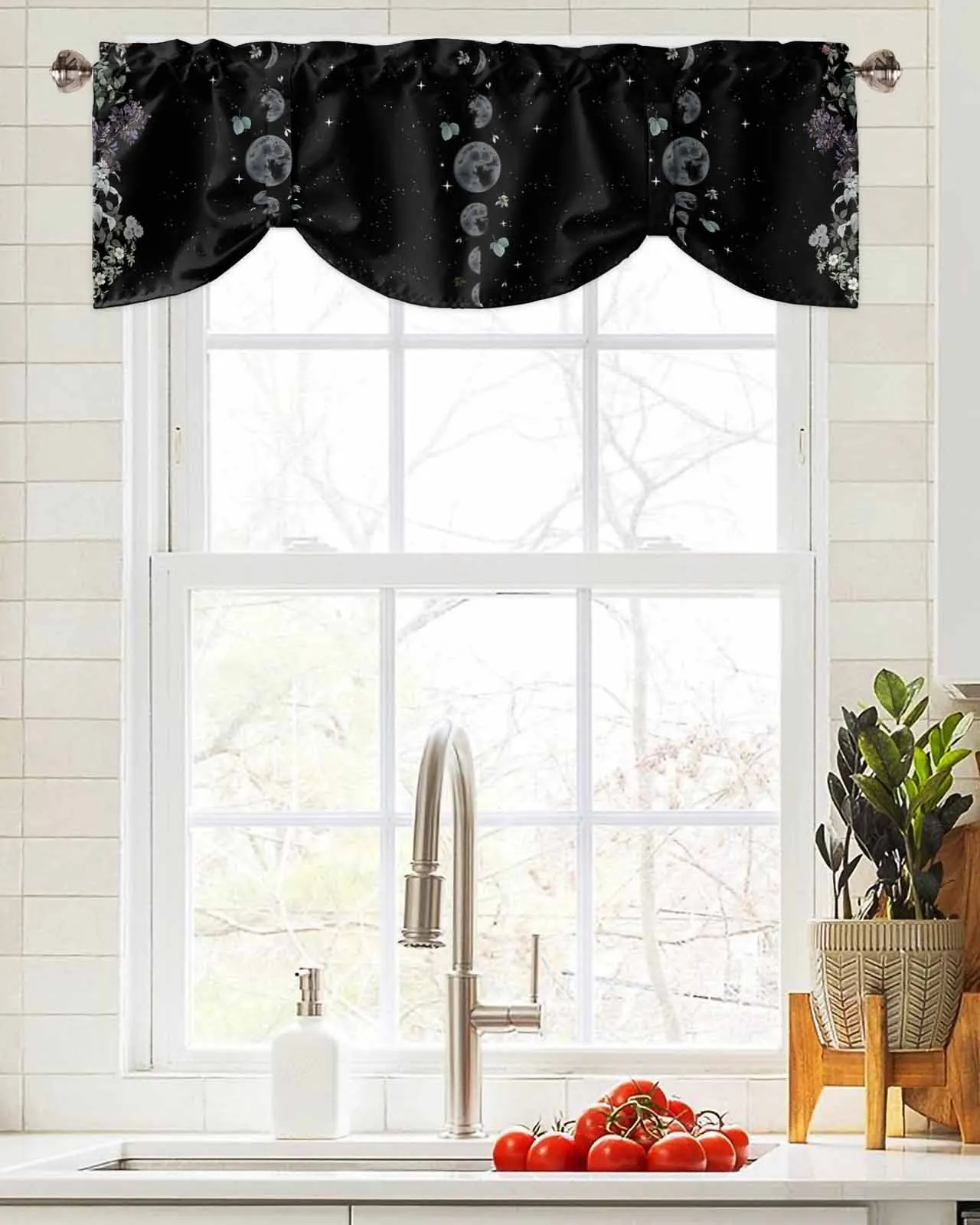 Lunar Flowers Plants Retro Stars Black Window Curtain Living Room Kitchen Cabinet Tie-up Valance Curtain Rod Pocket Valance