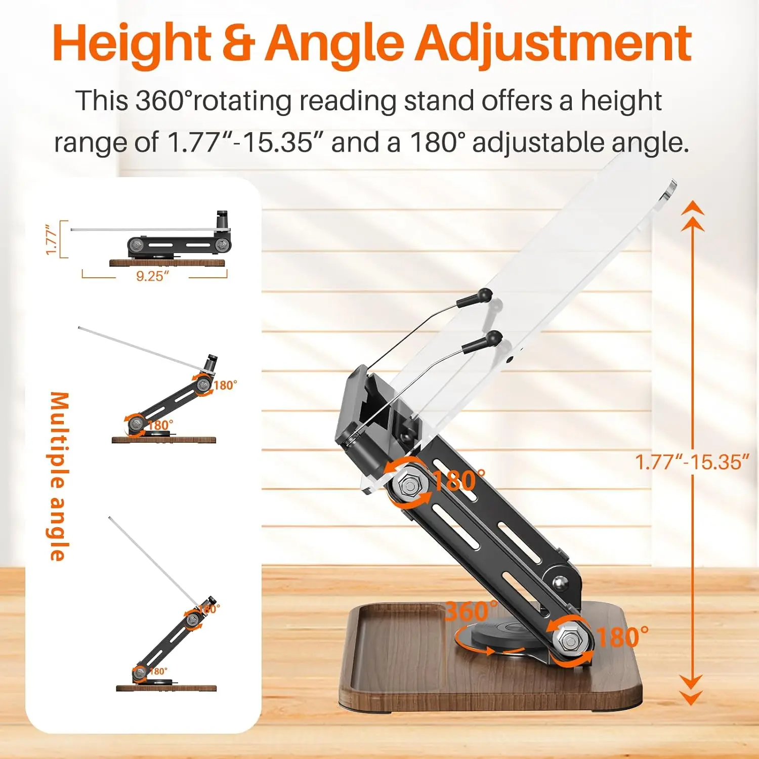 Multifunctional 360° Swivel Foldable Textbook Stand Adjustable Aluminum Alloy Reading Stand With Spring Clip For Laptops, Tablet