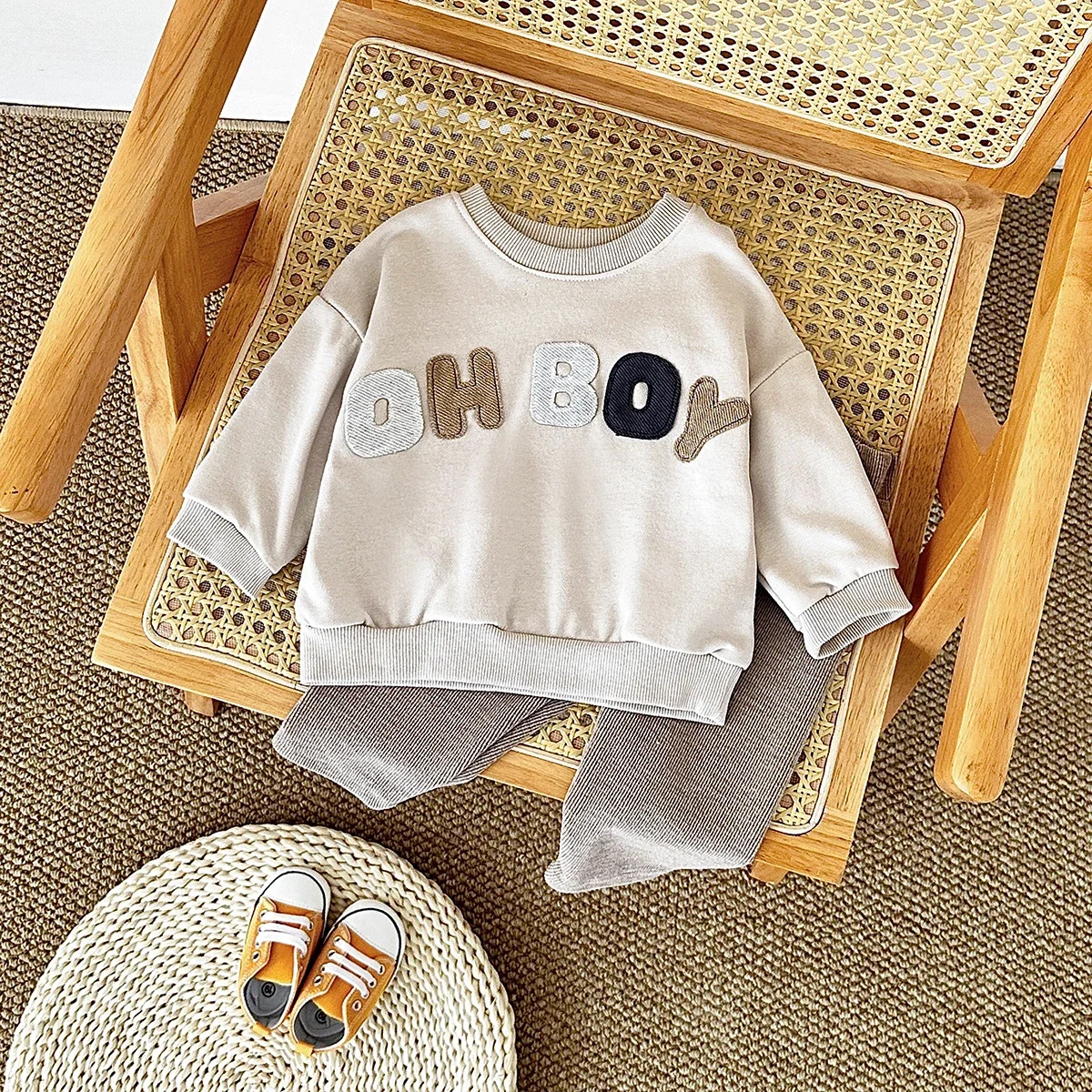 Baby OH BOY Letter Patch Sweatshirt Set Infant Long Sleeve Top & Pants 2Pcs Spring Autumn Outfit Newborn Baby Clothes