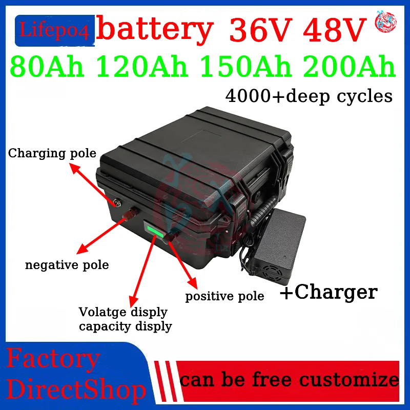 waterproof 48V 120Ah 200Ah 36V 150AH 80Ah lifepo4 lithium battery BMS for 5000w Scooter golf cart Tricycle + 10A charger