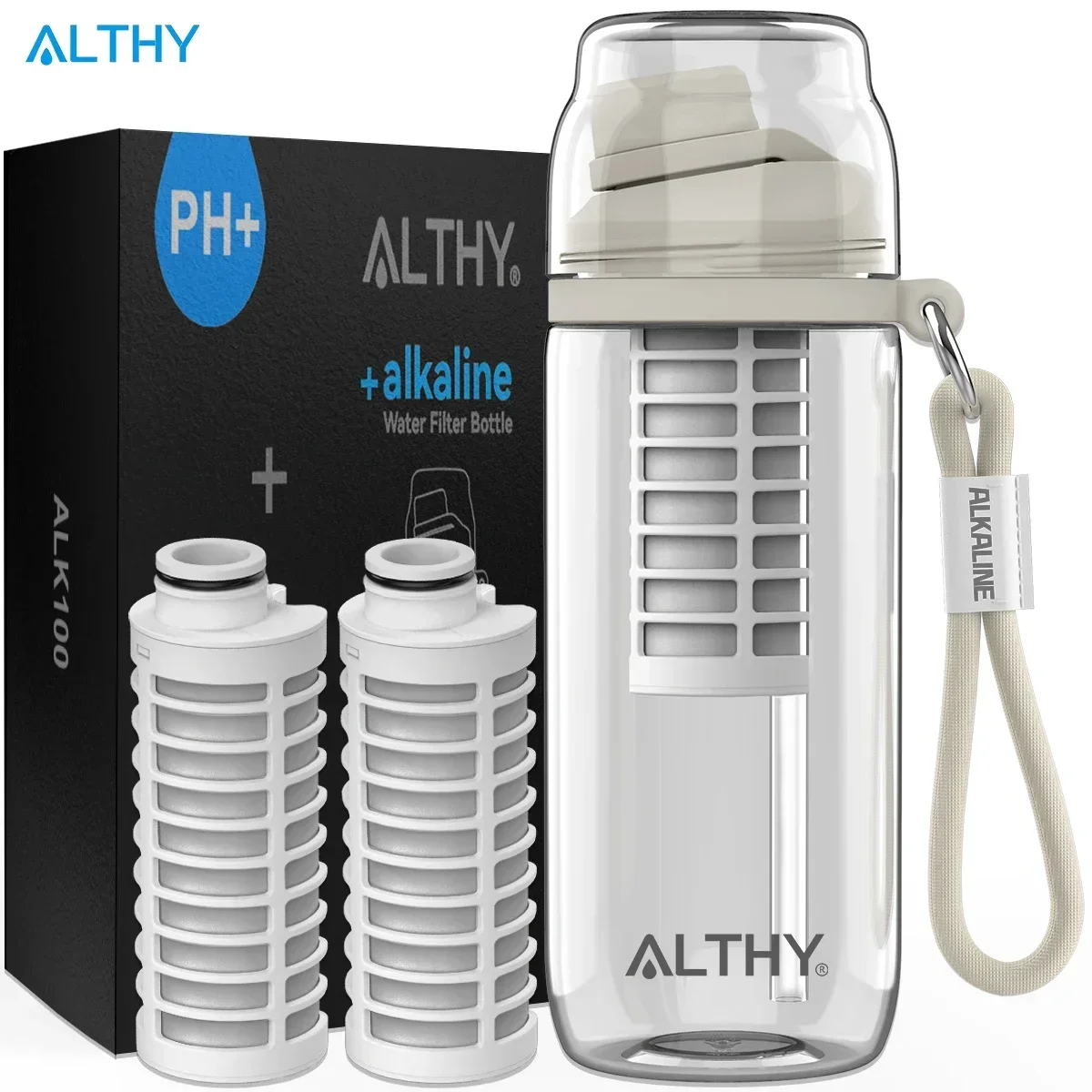 Garrafa de filtro de água alcalina ALTHY, até PH 9.5, minerais e eletrólitos adicionados, sistema de alcalização e filtragem composto, sem BPA