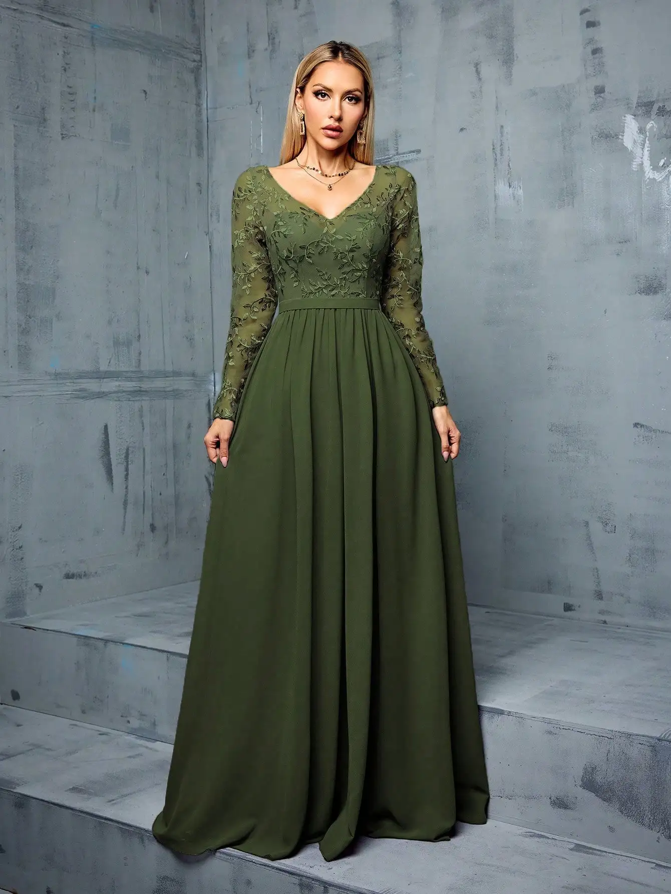 MGIACY einfarbiges formelles Abendkleid für Damen mit V-Ausschnitt und Netznähten, elegant und langen Ärmeln