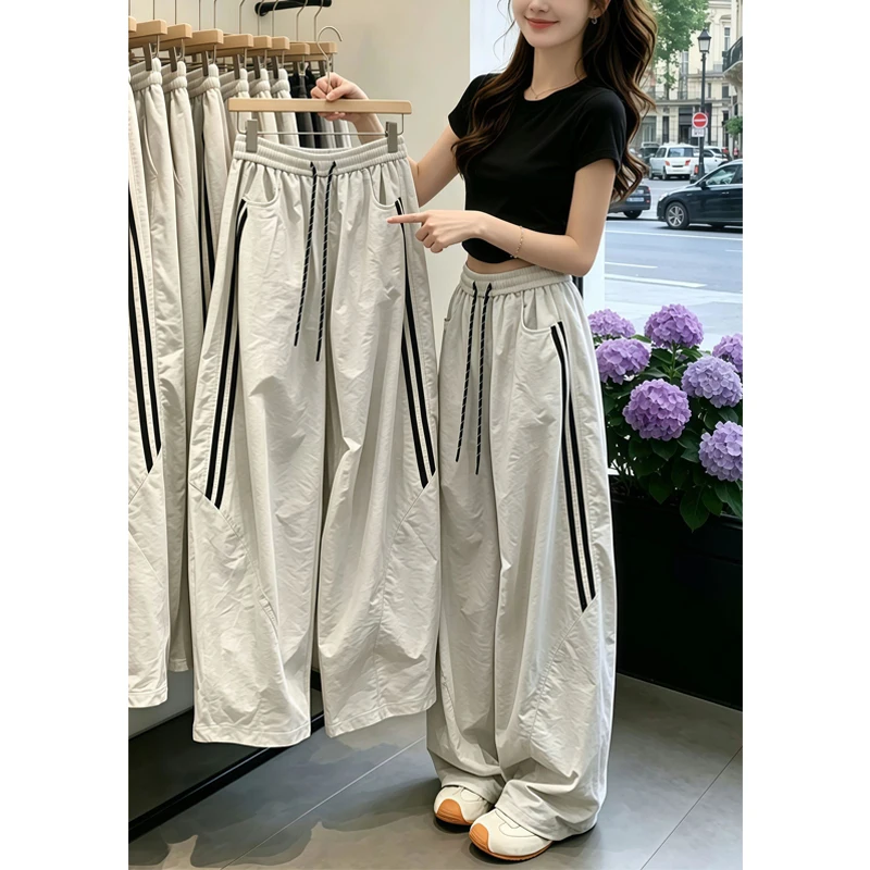 American Style Quick Dry Pants Women Summer plus Size Loose Wide Leg Umbrella Soldier Pants Side Stripe Comfortable Slimming