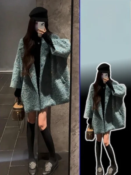 

Корейское свободное шерстяное пальто для женщин, весна-осень, новинка, большие размеры, повседневное двустороннее шерстяное пальто для полных дам