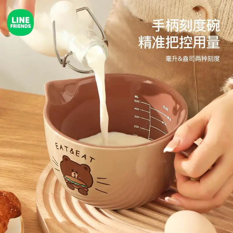 500ml anime Handle graduated bowl LINE FRIENDS kawaii girl large capacity Ceramic measuring cup Cartoon Steamed egg bowl Gift