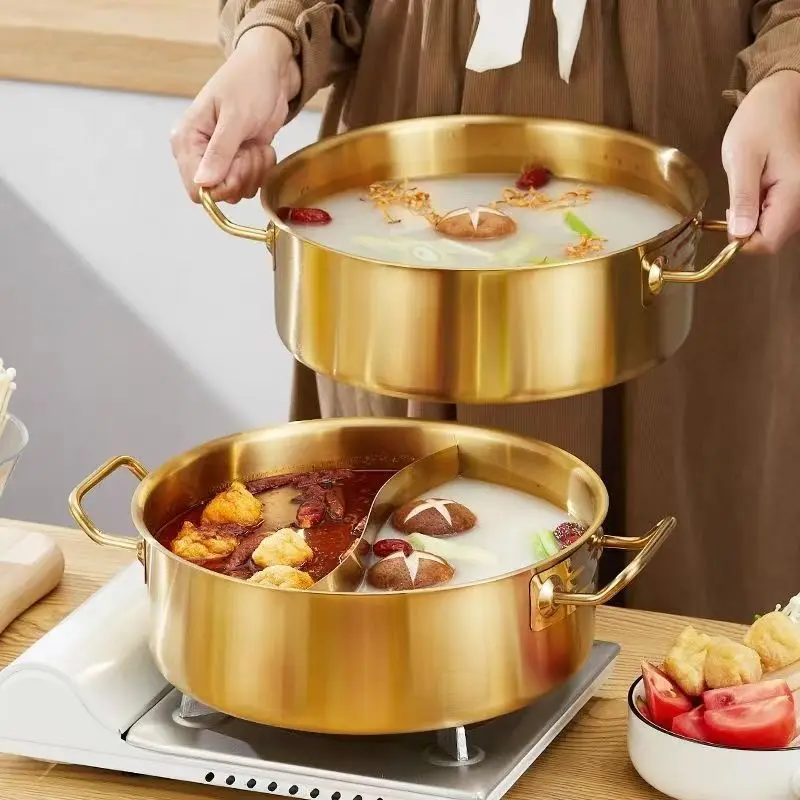 Stainless steel mandarin duck pot with lid, straight clear soup pot, golden soup pot, hot pot thickened and large capacity