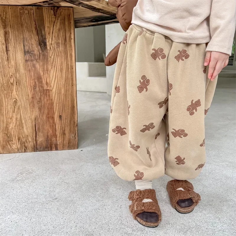 

Зимние флисовые спортивные штаны с мультяшными медведями для мальчиков и девочек, детские утепленные теплые свободные брюки