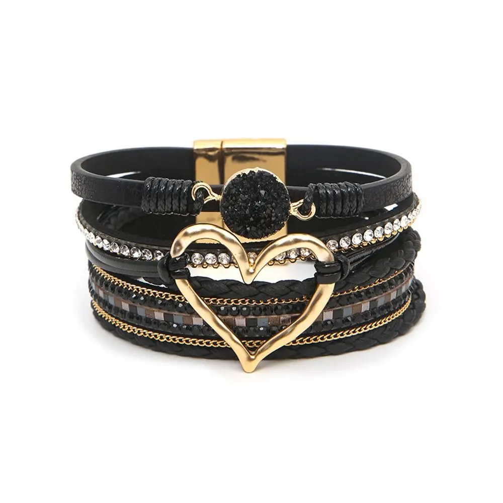 Gelang Multilapis Bohemian Kulit PU Gelang Berlapis Emas Cinta Besar Gelang Kepang Buatan Tangan Kreatif Mode