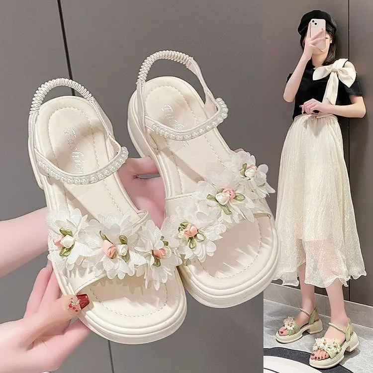 First Bloom Platform Sandals for Women Flower Pearl Chain Ankle Strap Elastic Back Thick Sole Summer Walking Shoes