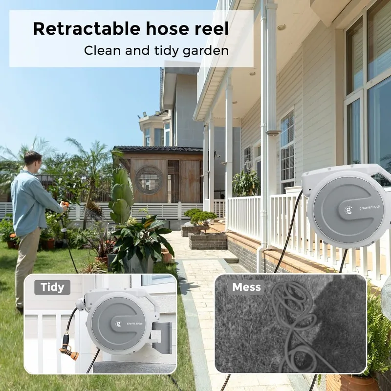 130FT Retractable Garden Hose Reel Heavy Duty Wall Mounted Hose Reel with Detachable Leader Hose, 9 Pattern Nozzle