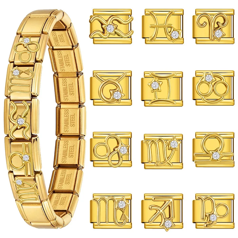 9mm Stainless Steel Italian Charm 12 Zodiac Signs Gold Color Zircon Beads DIY Link Bracelet Jewelry Gifts For Birthday Women Men