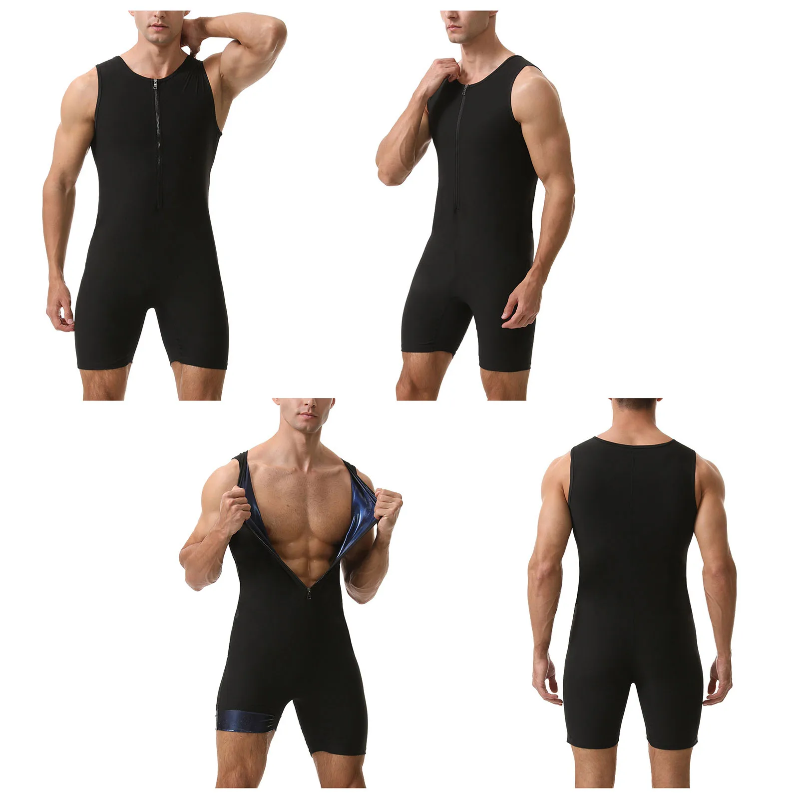 Herren Sauna-Kurzanzug, ärmelloser Jumpsuit für Workout, Sport, Fitness, Radfahren, Jogging, mit Reißverschluss vorne, oberschenkellang. – Detail 2