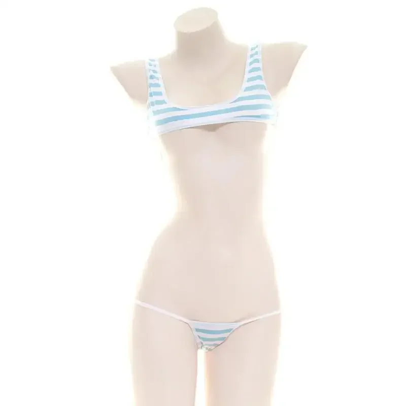 Blue White Stripe Bikini Set Women Swimsuit Striped Halter Micro Bikini Set Lolita Kawaii Swimsuit Backless String Tied Bathing view 3