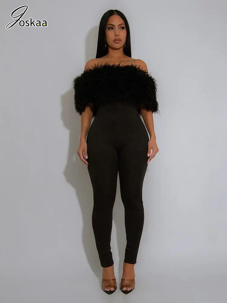 

Joskaa 2025 Women's Off Shoulder Furry Trim Bodycon Jumpsuit Sexy Strapless Backless Skinny One Piece Rompers Party Clubwear