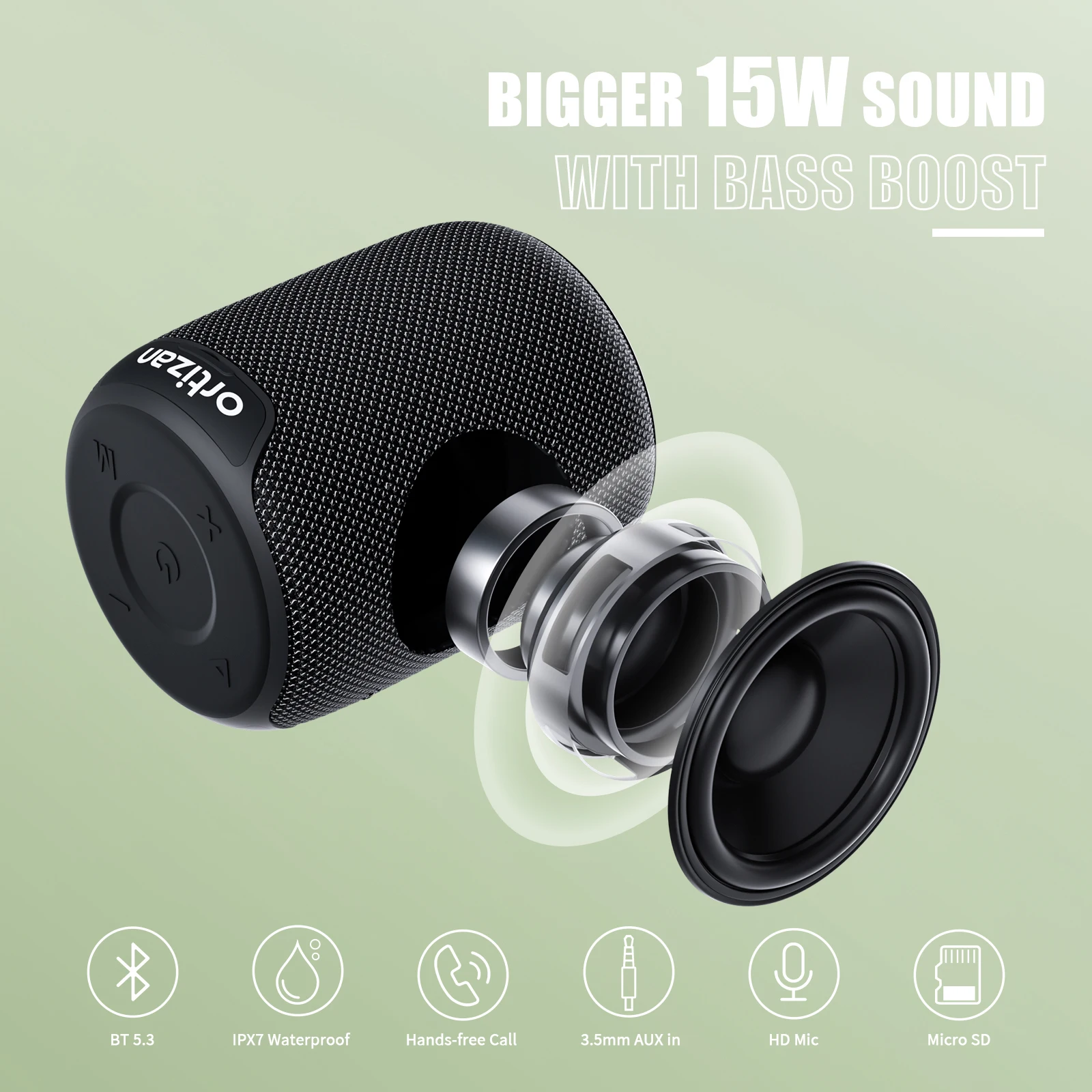 Ortizan Bluetooth-Lautsprecher, tragbarer kabelloser Lautsprecher mit Bluetooth 5.3, IPX7 wasserdicht, 15 W Stereo-Sound, Dual-Pairing, TF/AUX – Detail 24
