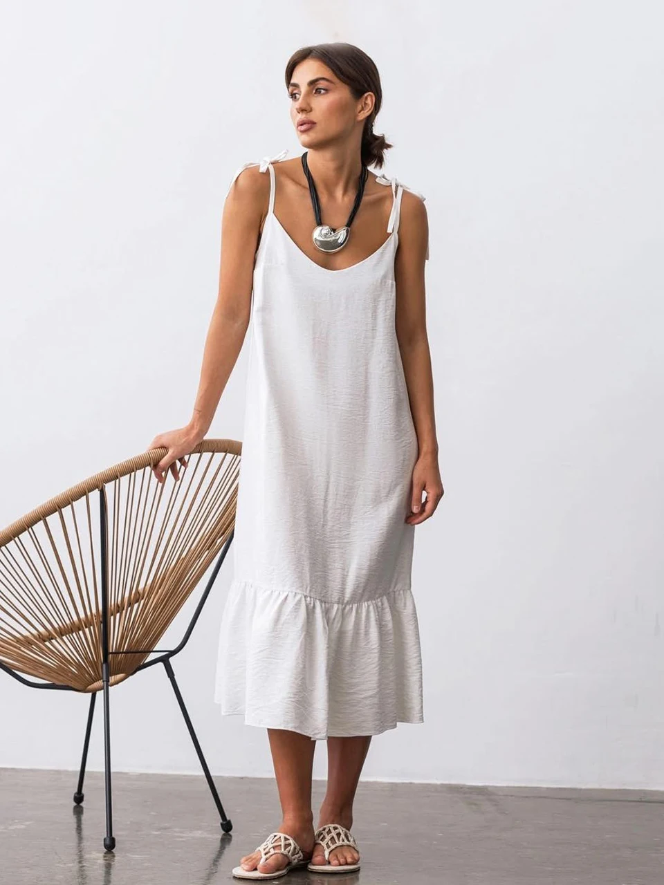 

Marthaqiqi Home Clothes Women Lace Up Sleepwear Spaghetti Strap Pajamas V-Neck Nightgowns Mid-Calf Dress Casual Ladies Nightwear