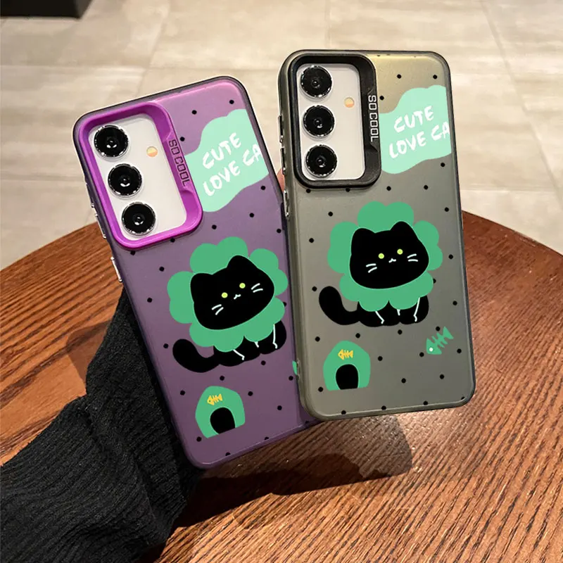 

For Samsung Galaxy Note 20 9S 10 20 21 22 23 24 Plus Ultra A 04 03 05 10S 4G PRO Colorful Soft Phone Case Green little black cat