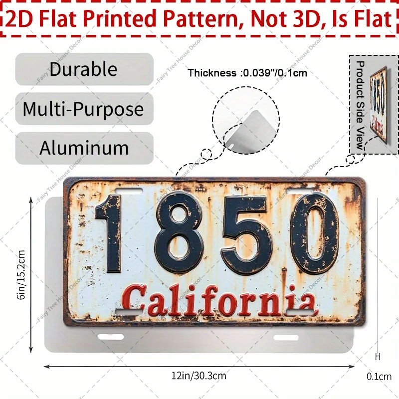AL California 1850 Vintage License Plate Sign - Vintage Durable Metal Plaque Wall Decor, Home Office Bar Man Cave Wall Art view 3