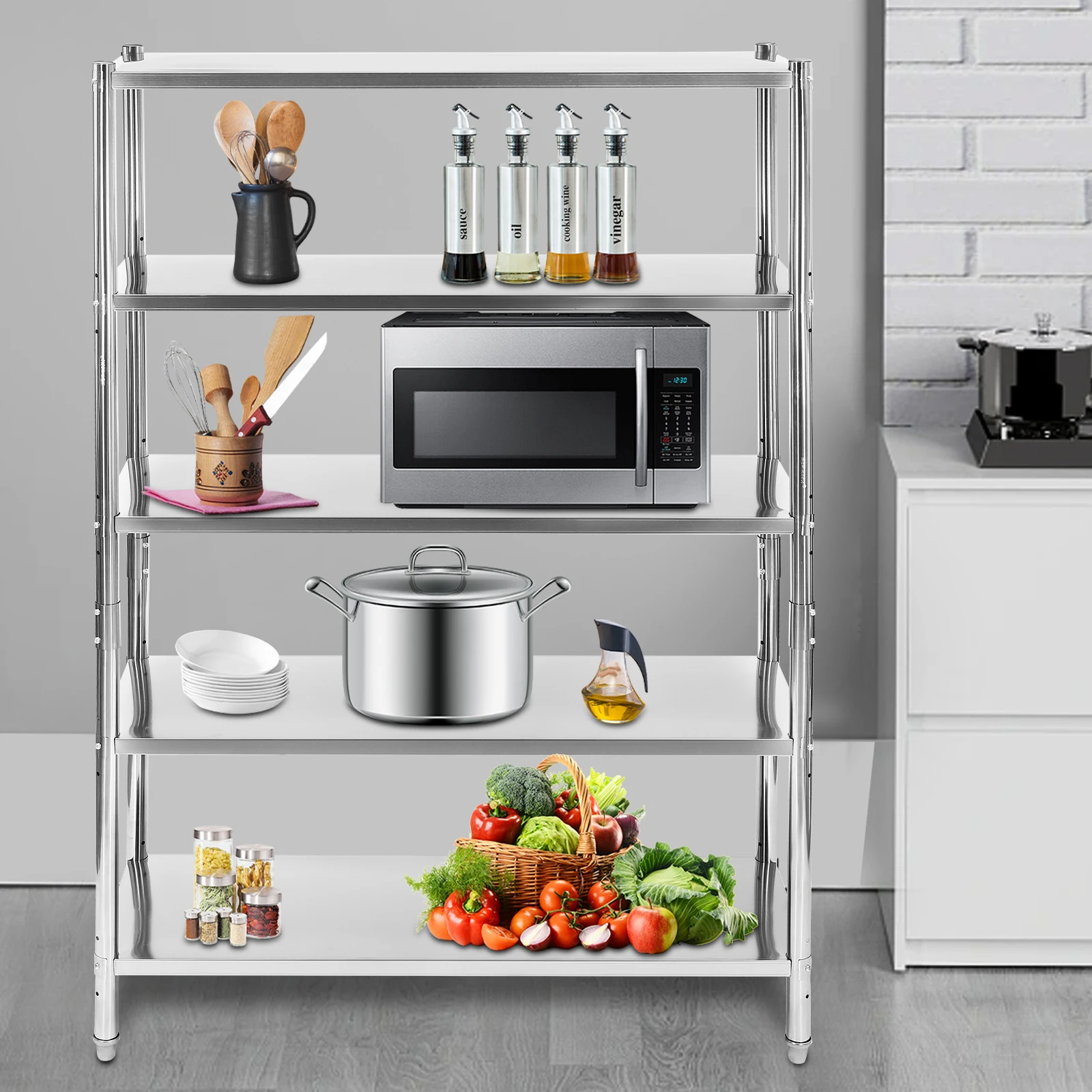 

Stainless Steel Shelving, 5 Tier Adjustable Shelf Storage Heavy Duty Shelving for Storing and Displaying Goods in Shopping Mall